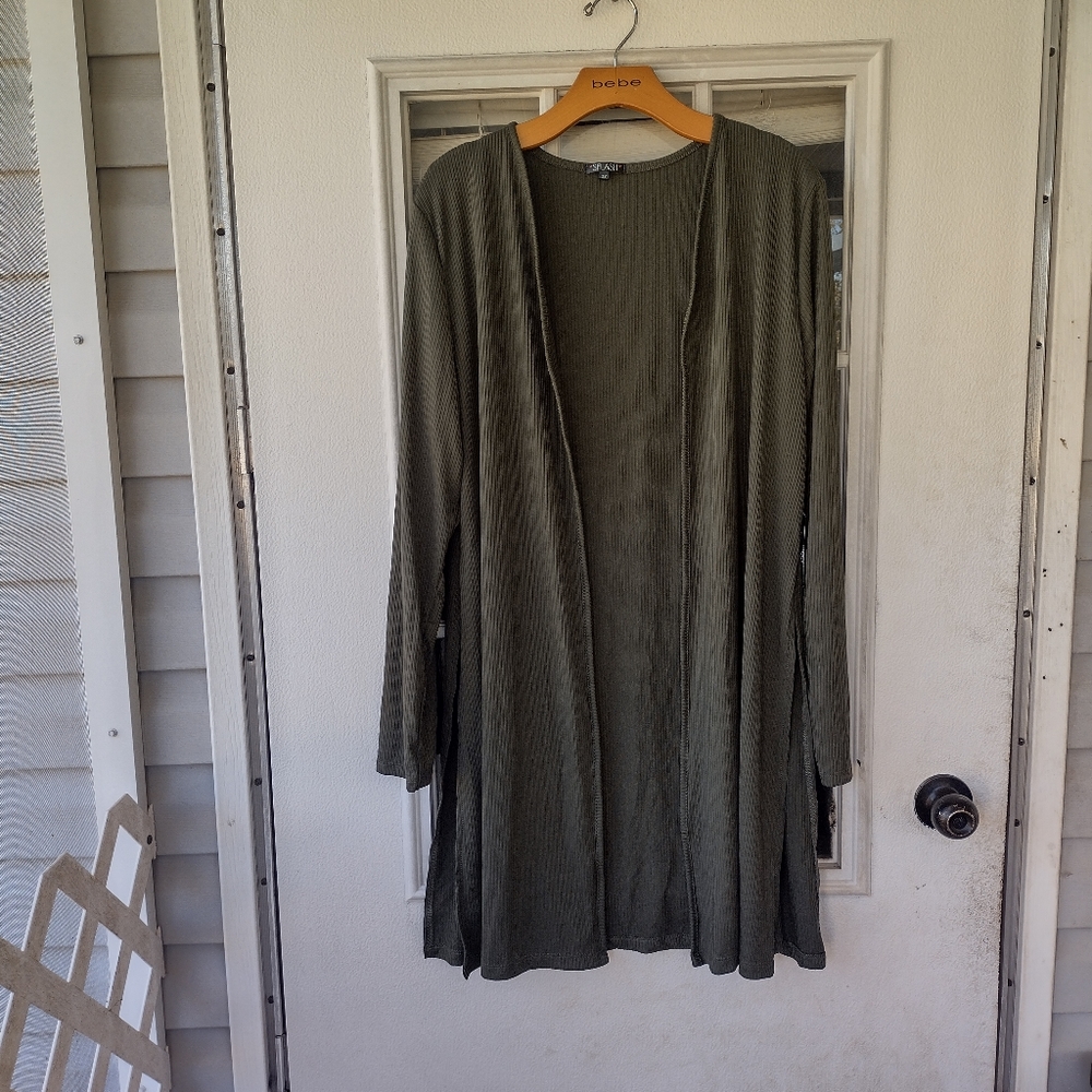 Splash Plus Women's Avocado Rib Knit Long Open Front Cardigan, Size 2X